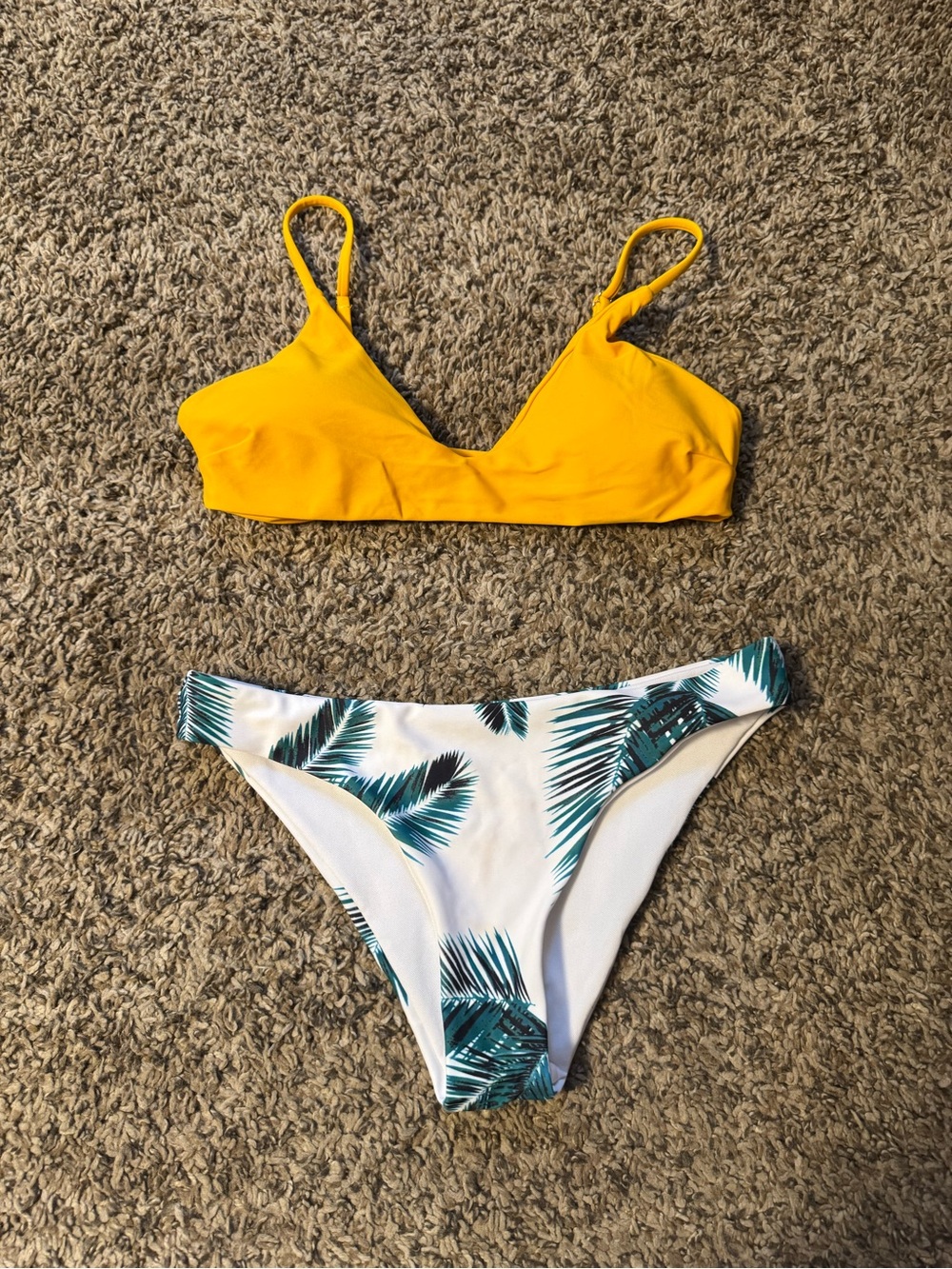 Zaful Yellow Triangle Bikini Top with White Palm-Print Bottom